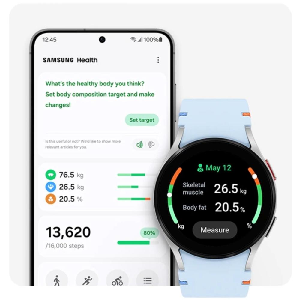 Ceasul Samsung Galaxy Watch FE 40mm, măsoară compoziția corporală într-un mod simplu și imediat și definește obiectivele tale de fitness.