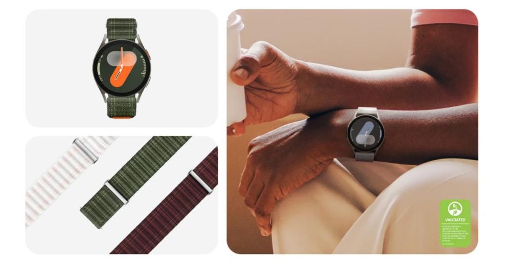 Bucură-te de cureaua textilă Samsung Galaxy Watch7 din material ecologic, comod și ușor.
