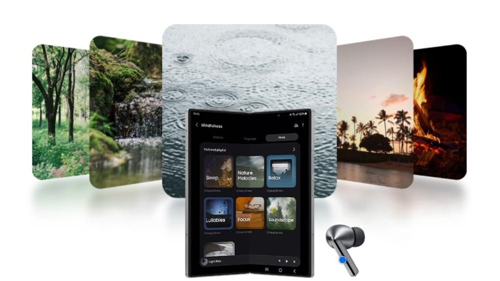 Cu căștile Samsung Galaxy Buds3 Pro ascultă melodii relaxante si cu sunete din natură, datorită funcției Samsung Health integrat cu Calm.