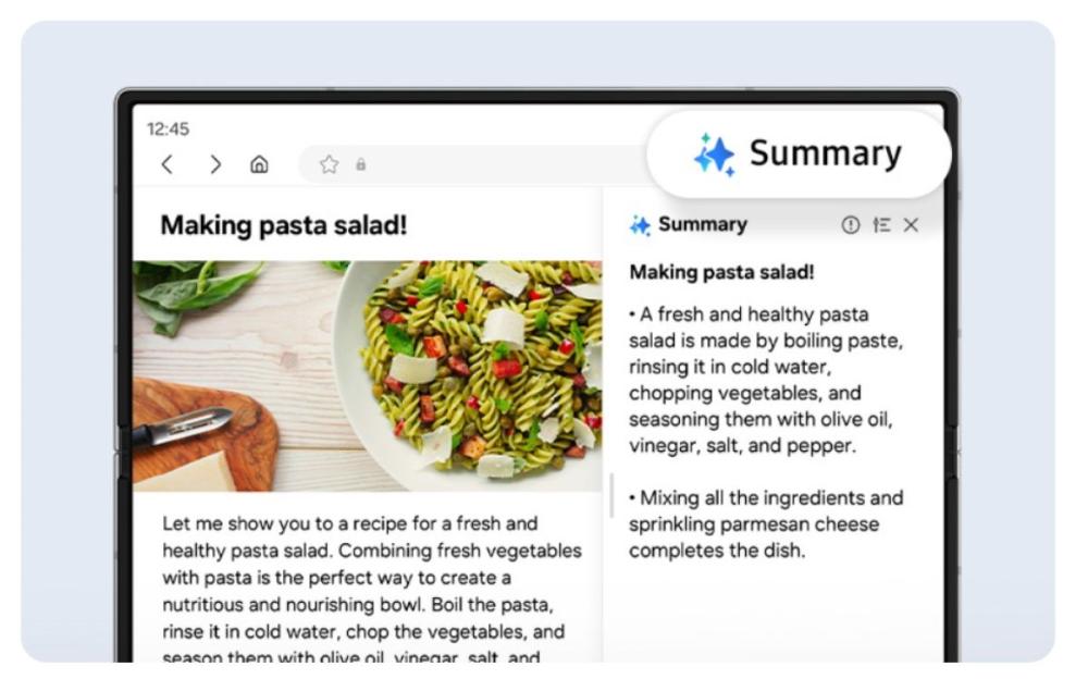 Funcția Web Assistant a telefonului Samsung Galaxy Z Fold6 F956 te ajută să sumarizezi pagini întregi web.