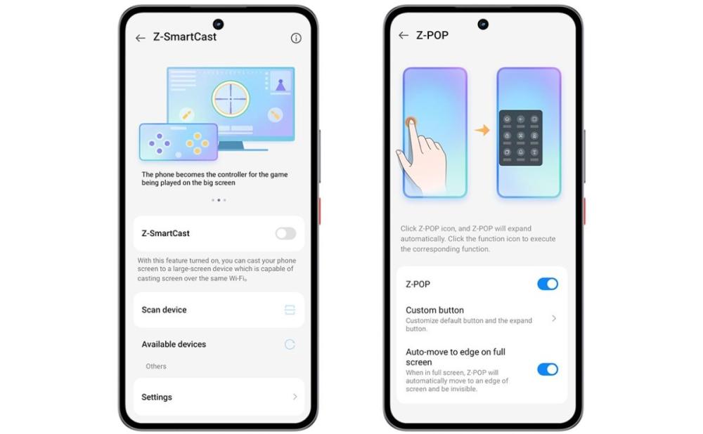 Telefonul ZTE nubia NEO 3 GT 5G dispune de Z-SmartCast, care proiectează conținutul pe ecrane mari și Z-Pop pentru navigare rapidă și control îmbunătățit.