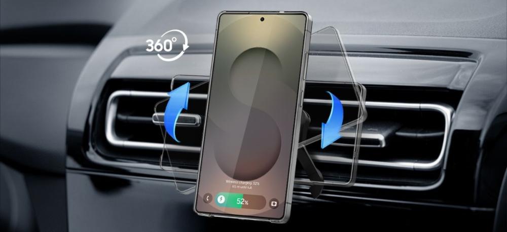 Încărcătorul Auto Universal Wireless Samsung Qi2 are suportul rotativ îți oferă libertatea de a înclina telefonul pana la 360 de grade.