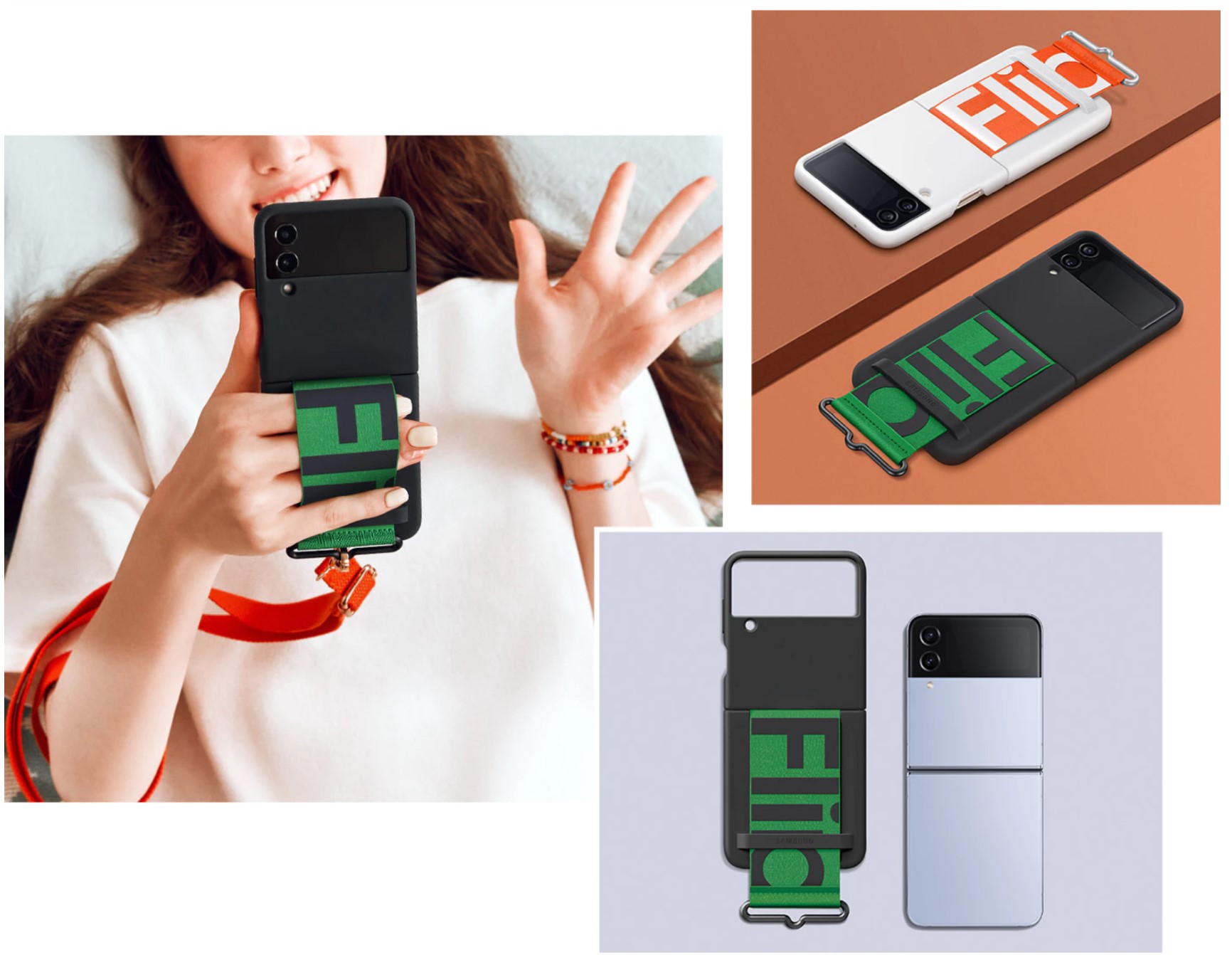 husa silicon cu strap samsung galaxy z flip4 negru si alb design simplu interactiune usoara