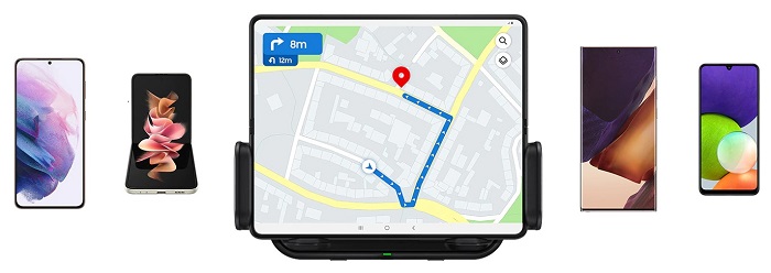 suportul auto universal Samsung cu incarcare wireless este compatibil cu gama larga de dispozitive Qi