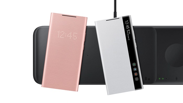 incarcatorul rapid wireless samsung trio incarca telefoanele impreuna cu husa